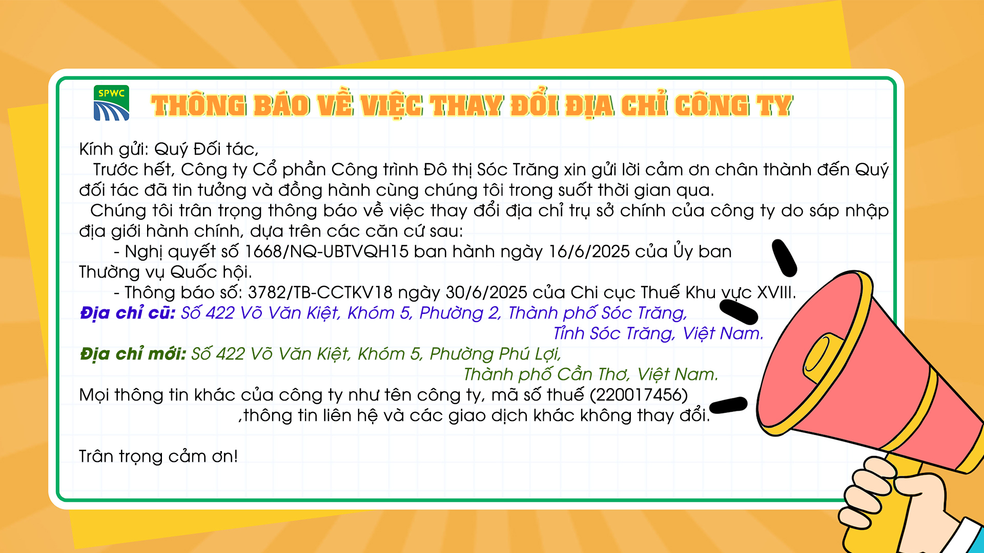 Th&ocirc;ng b&aacute;o thay đổi địa chỉ C&ocirc;ng ty